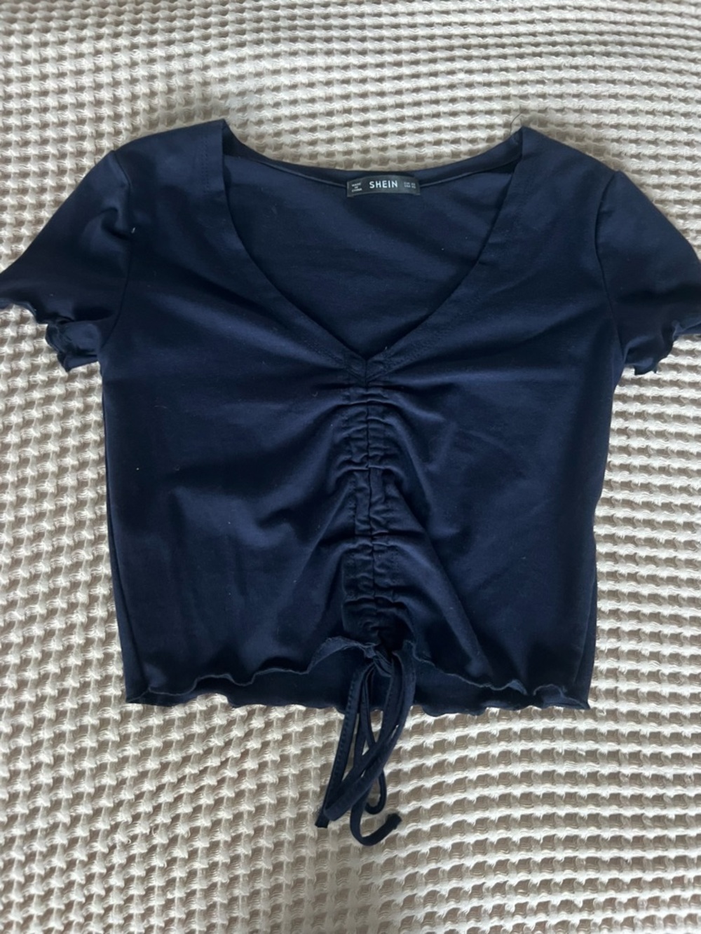 SHEIN Navy Ruched Front Drawstring V-Neck Crop Top